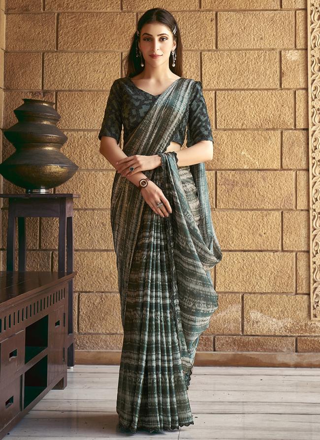 Sattin Silk Green Festival Wear Printed Saree